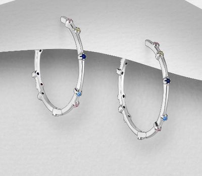 Şəkli böyütmək üçün tiklayın 925 Sterling Silver Hoop Earrings, Decorated with CZ Simulated Diamonds