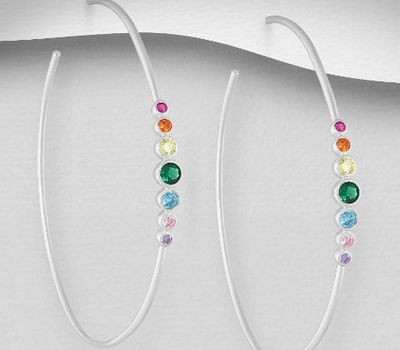 925 Sterling Silver Circle Push-Back Earrings, Decorated with Colorful CZ Simulated Diamond Colors may Vary.