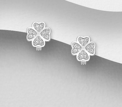 925 Sterling Silver Clover Omega-Lock Earrings, Decorated with CZ Simulated Diamonds