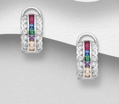925 Sterling Silver Omega Lock Earrings, Decorated with Colorful CZ Simulated Diamonds