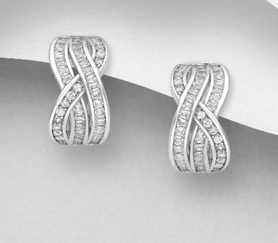Şəkli böyütmək üçün tiklayın 925 Sterling Silver Omega Lock Earrings, Decorated with CZ Simulated Diamonds