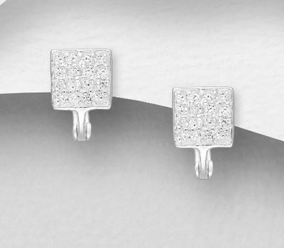 925 Sterling Silver Square Omega Lock Earrings, Decorated with CZ Simulated Diamonds