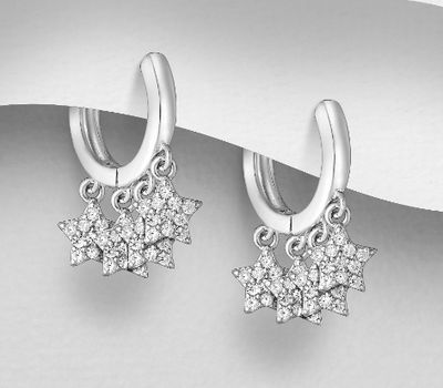 925 Sterling Silver Star Hoop Earrings, Decorated with CZ Simulated Diamonds