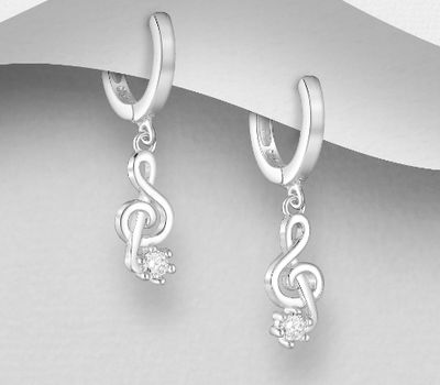 925 Sterling Silver Hoop Earrings, Featuring Musical Note, Decorated with CZ Simulated Diamonds