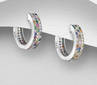 925 Sterling Silver Hoop Earrings, Decorated with Colorful CZ Simulated Diamonds