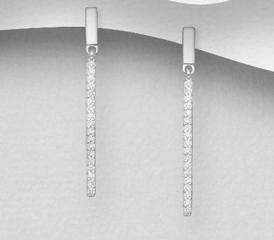Şəkli böyütmək üçün tiklayın 925 Sterling Silver Bar Push-Back Earrings, Decorated with CZ Simulated Diamonds