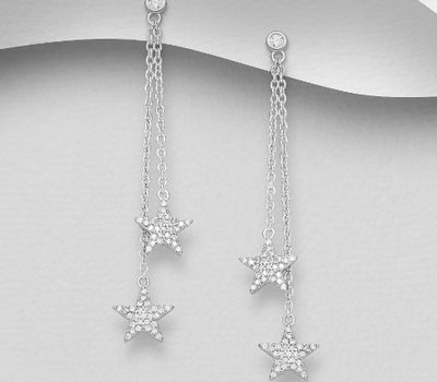 925 Sterling Silver Star Push-Back Earrings, Decorated with CZ Simulated Diamonds