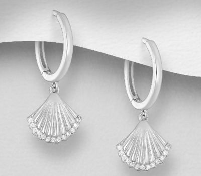 925 Sterling Silver Shell Hoop Earrings, Decorated with CZ Simulated Diamonds
