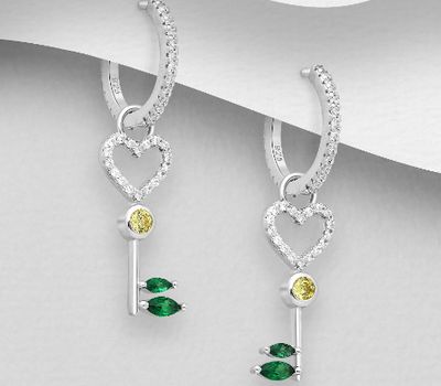 925 Sterling Silver Heart Key Hoop Earrings, Decorated with CZ Simulated Diamonds
