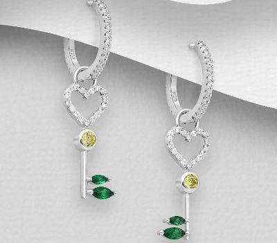 Şəkli böyütmək üçün tiklayın 925 Sterling Silver Heart Key Hoop Earrings, Decorated with CZ Simulated Diamonds
