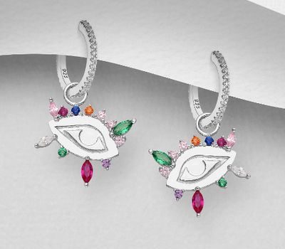 925 Sterling Silver Eye Hoop Earrings, Decorated with Colorful CZ Simulated Diamonds, CZ Simulated Diamond Colors may Vary.