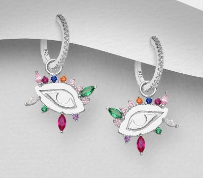 Şəkli böyütmək üçün tiklayın 925 Sterling Silver Eye Hoop Earrings, Decorated with Colorful CZ Simulated Diamonds, CZ Simulated Diamond Colors may Vary.