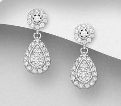 925 Sterling Silver Droplet Push-Back Earrings, Decorated with CZ Simulated Diamonds