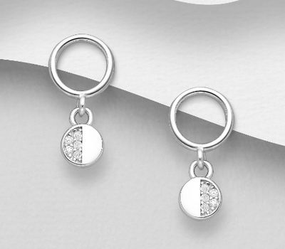 925 Sterling Silver Circle Push-Back Earrings, Decorated with CZ Simulated Diamonds