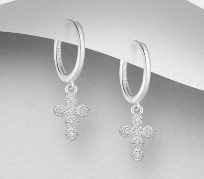 Şəkli böyütmək üçün tiklayın 925 Sterling Silver Cross Hoop Earrings, Decorated with CZ Simulated Diamonds