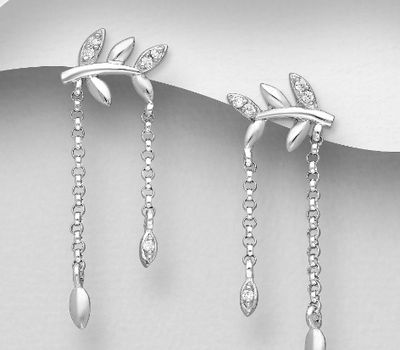 Şəkli böyütmək üçün tiklayın 925 Sterling Silver Leaf Push-Back Earrings, Decorated with CZ Simulated Diamonds