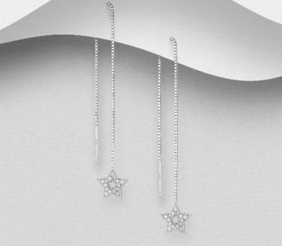 925 Sterling Silver Star Threader Earrings, Decorated with CZ Simulated Diamonds
