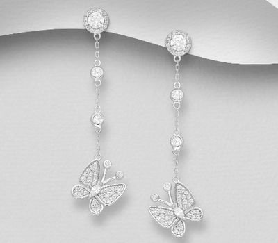 925 Sterling Silver Butterfly Push-Back Earrings, Decorated with CZ Simulated Diamonds