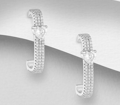 Şəkli böyütmək üçün tiklayın 925 Sterling Silver Heart Push-Back Earrings, Decorated with CZ Simulated Diamonds