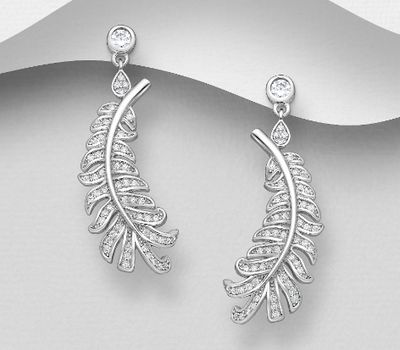 925 Sterling Silver Feather Push-Back Earrings, Decorated with CZ Simulated Diamonds