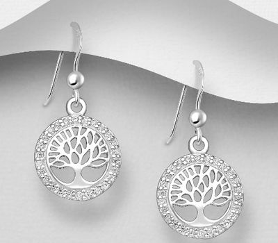 925 Sterling Silver Tree of Life Hook Earrings, Decorated with CZ Simulated Diamonds