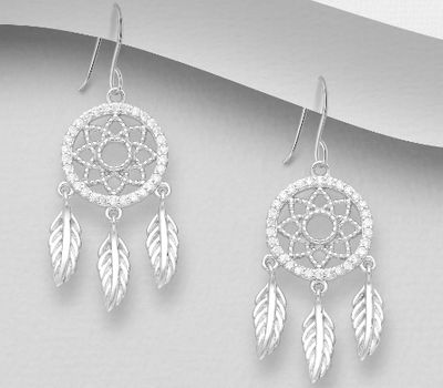 925 Sterling Silver Dream Catcher Hook Earrings Decorated With CZ Simulated Diamonds