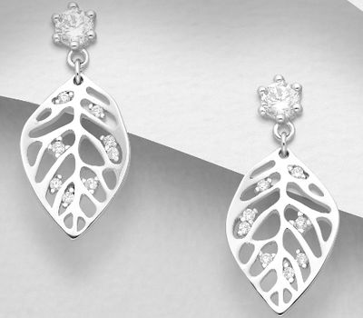 925 Sterling Silver Leaf Push-Back Earrings,  Decorated with CZ Simulated Diamonds
