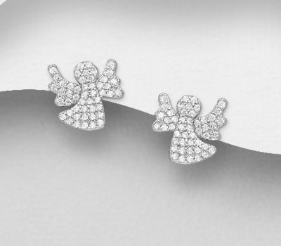925 Sterling Silver Angel Push-Back Earrings, Decorated with CZ Simulated Diamonds