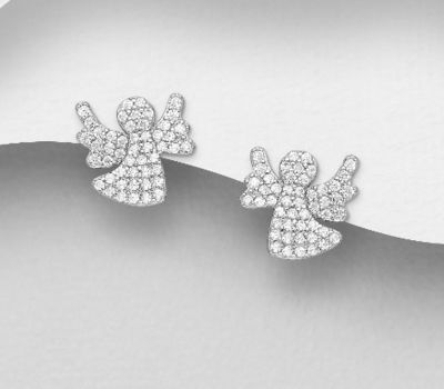 Şəkli böyütmək üçün tiklayın 925 Sterling Silver Angel Push-Back Earrings, Decorated with CZ Simulated Diamonds