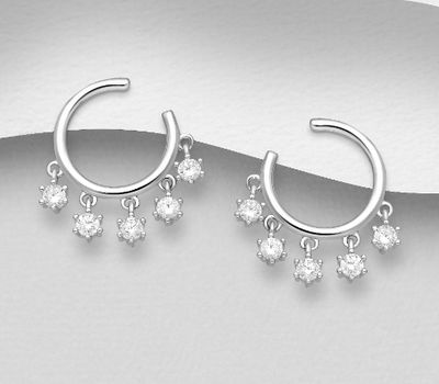 Şəkli böyütmək üçün tiklayın 925 Sterling Silver Semi-Circle Push-Back Earrings, Decorated with CZ Simulated Diamonds