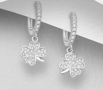 925 Sterling Silver Clover Hoop Earrings, Decorated with CZ Simulated Diamonds