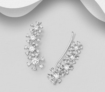 925 Sterling Silver Ear Pins, Decorated With CZ Simulated Diamonds
