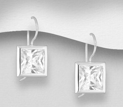 Şəkli böyütmək üçün tiklayın 925 Sterling Silver Square Hook Earrings Decorated with CZ Simulated Diamonds