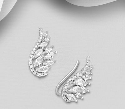 925 Sterling Silver Wings Ear Pins, Decorated with CZ Simulated Diamonds