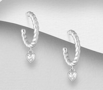 Şəkli böyütmək üçün tiklayın 925 Sterling Silver Heart Push-Back Earrings, Decorated with CZ Simulated Diamonds