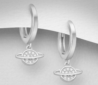 925 Sterling Silver Saturn Hoop Earrings, Decorated with CZ Simulated Diamonds
