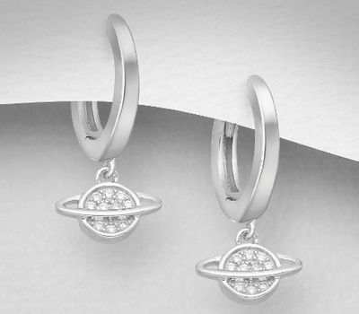 Şəkli böyütmək üçün tiklayın 925 Sterling Silver Saturn Hoop Earrings, Decorated with CZ Simulated Diamonds