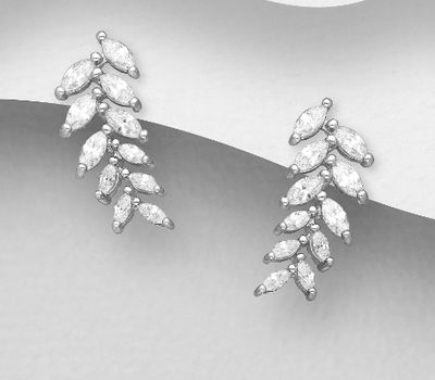 Şəkli böyütmək üçün tiklayın 925 Sterling Silver Leaf Push-Back Earrings, Decorated with CZ Simulated Diamonds