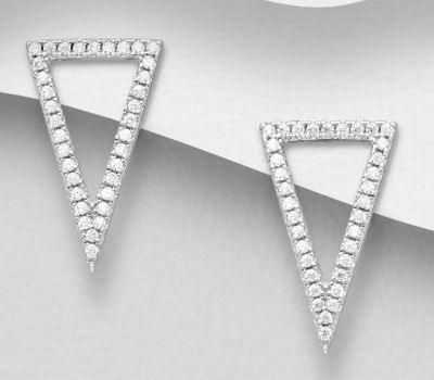 Şəkli böyütmək üçün tiklayın 925 Sterling Silver Triangle Earrings, Decorated with CZ Simulated Diamonds