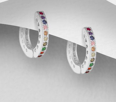Şəkli böyütmək üçün tiklayın 925 Sterling Silver Hoop Earrings, Decorated with Colorful CZ Simulated Diamonds, CZ Simulated Diamond Colors may Vary.