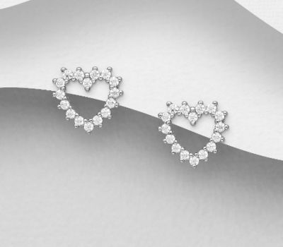 Şəkli böyütmək üçün tiklayın 925 Sterling Silver Heart Push-Back Earrings, Decorated with CZ Simulated Diamonds