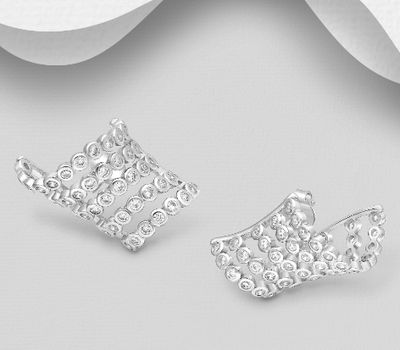 925 Sterling Silver Push-Back Earrings, Decorated with CZ Simulated Diamonds