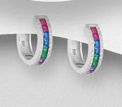 Şəkli böyütmək üçün tiklayın 925 Sterling Silver Hoop Earrings, Decorated with Colorful CZ Simulated Diamonds, CZ Simulated Diamond Colors may Vary.