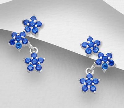 Şəkli böyütmək üçün tiklayın 925 Sterling Silver Flower Push-Back Earrings, Decorated with Blue or Forest Green CZ Simulated Diamonds