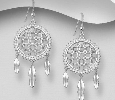 925 Sterling Silver Dream Catcher Hook Earrings, Decorated with CZ Simulated Diamonds