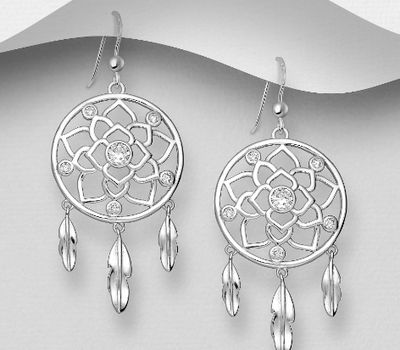 925 Sterling Silver Dream Catcher and Lotus Push-Back Earrings, Decorated with CZ Simulated Diamonds
