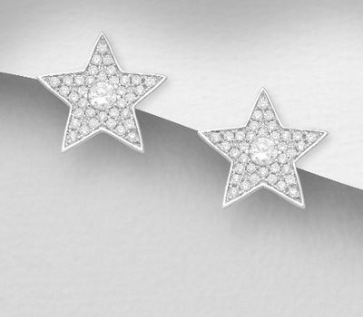 925 Sterling Silver Star Push-Back Earrings Decorated with CZ Simulated Diamonds, Plated with Rhodium