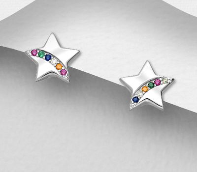 925 Sterling Silver Star Push-Back Earrings, Decorated with Colorful CZ Simulated Diamonds, CZ Simulated Diamond Colors may Vary.