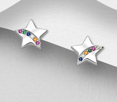 Şəkli böyütmək üçün tiklayın 925 Sterling Silver Star Push-Back Earrings, Decorated with Colorful CZ Simulated Diamonds, CZ Simulated Diamond Colors may Vary.