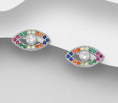 925 Sterling Silver Eye Push-Back Earrings, Decorated with Colorful CZ Simulated Diamonds, CZ Simulated Diamond Colors may Vary.